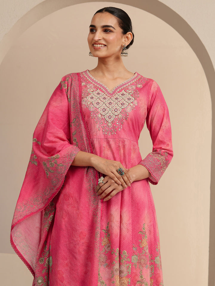 Libas Pink Floral Printed Cotton Anarkali Suit Set