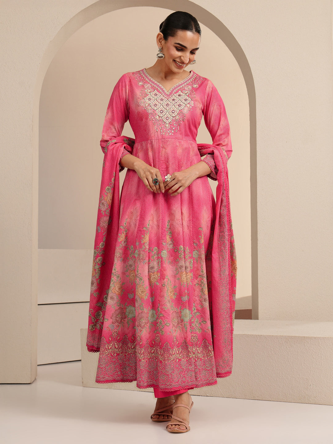 Libas Pink Floral Printed Cotton Anarkali Suit Set