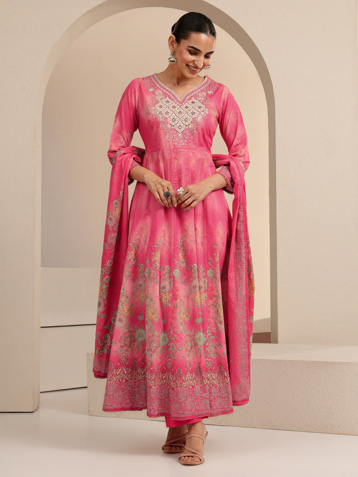 Libas Pink Floral Printed Cotton Anarkali Suit Set