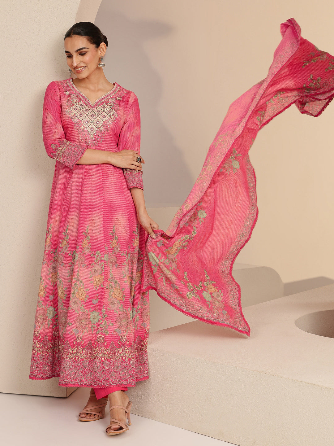 Libas Pink Floral Printed Cotton Anarkali Suit Set
