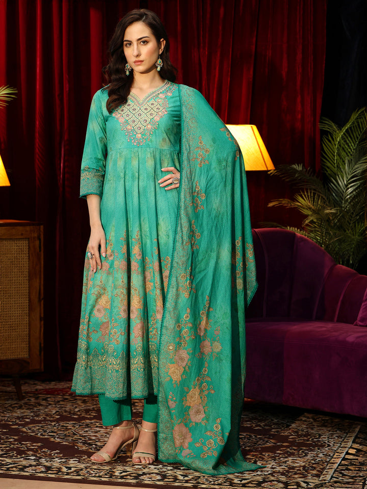 Libas Teal Green Floral Printed Cotton Anarkali Suit Set
