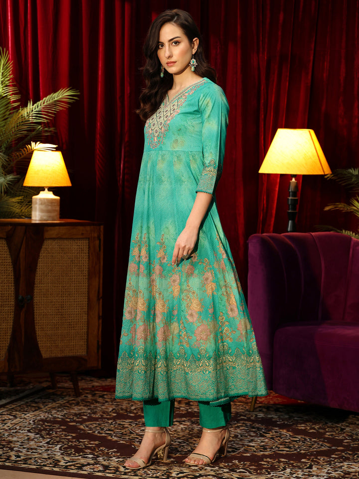 Libas Teal Green Floral Printed Cotton Anarkali Suit Set