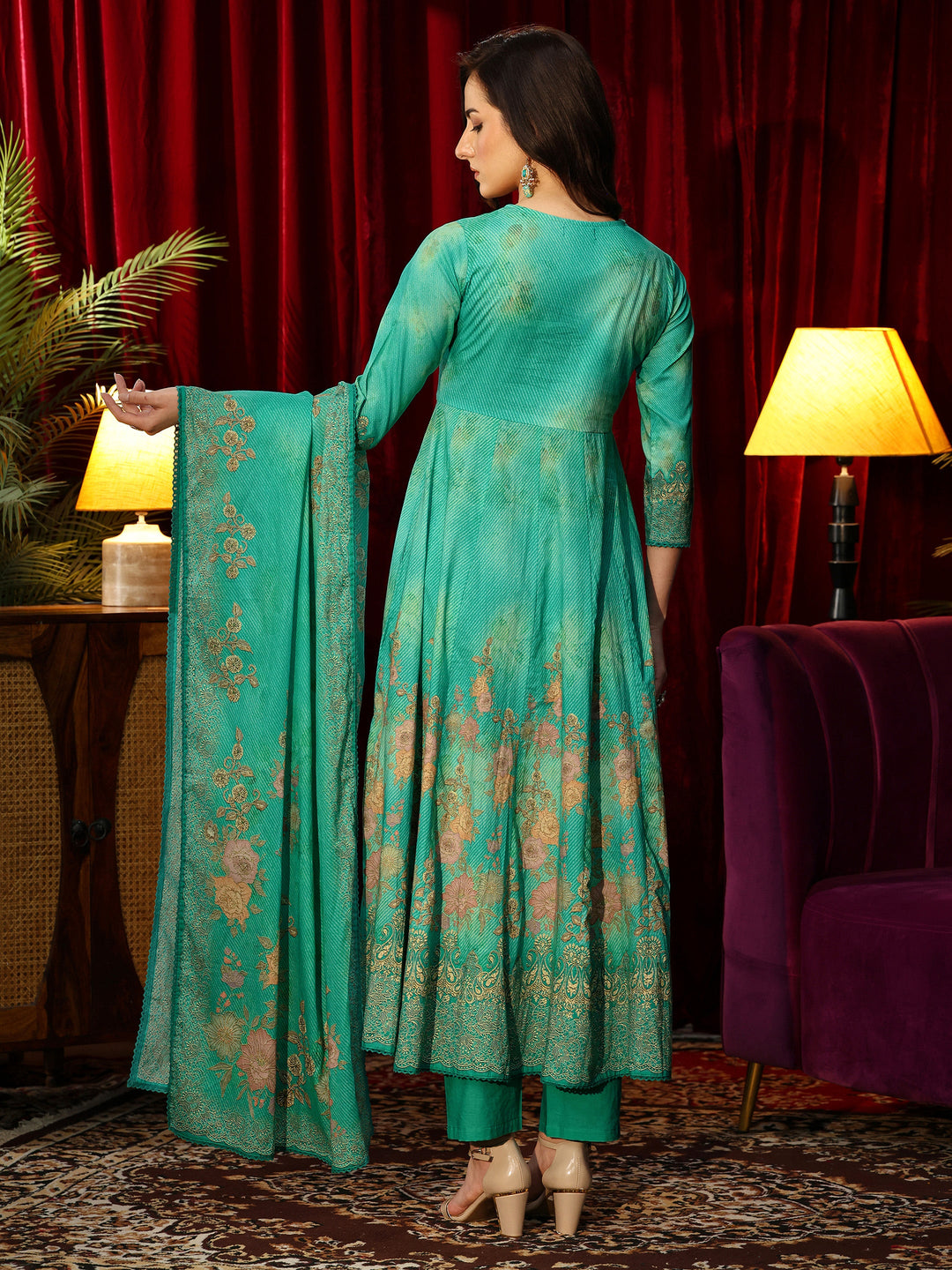 Libas Teal Green Floral Printed Cotton Anarkali Suit Set