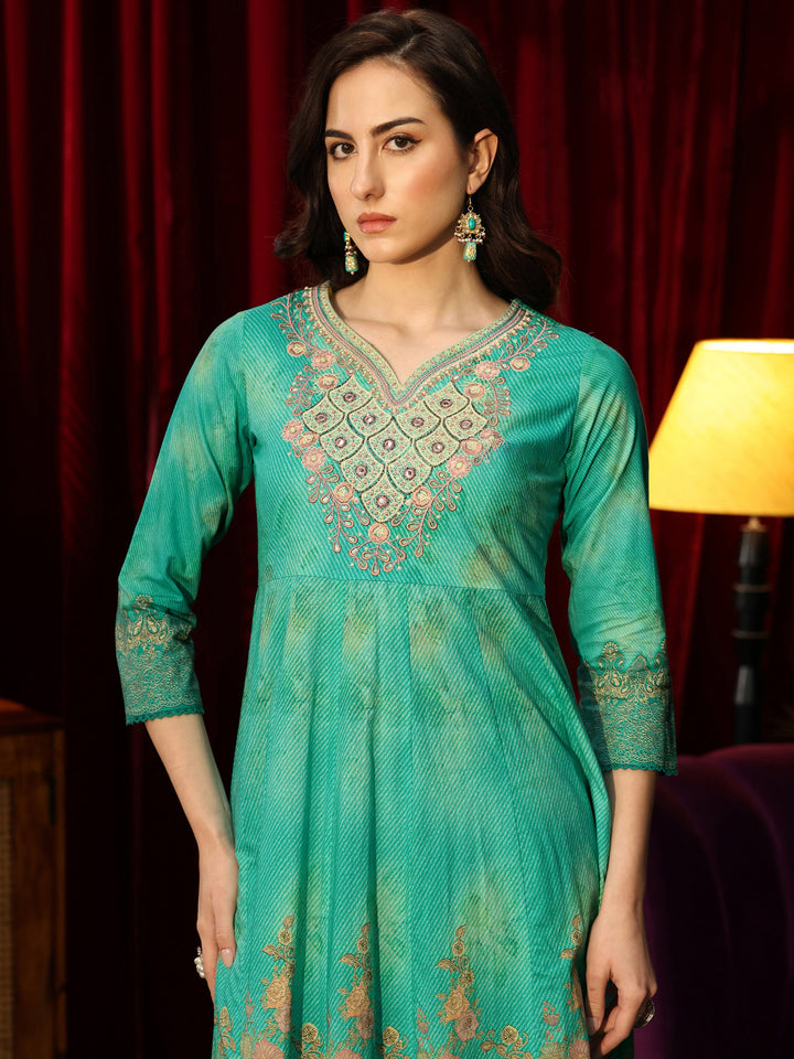 Libas Teal Green Floral Printed Cotton Anarkali Suit Set