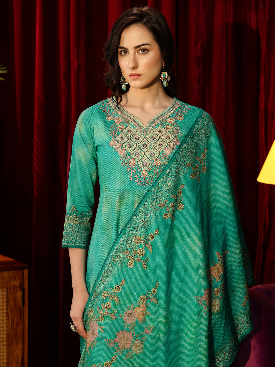 Libas Teal Green Floral Printed Cotton Anarkali Suit Set