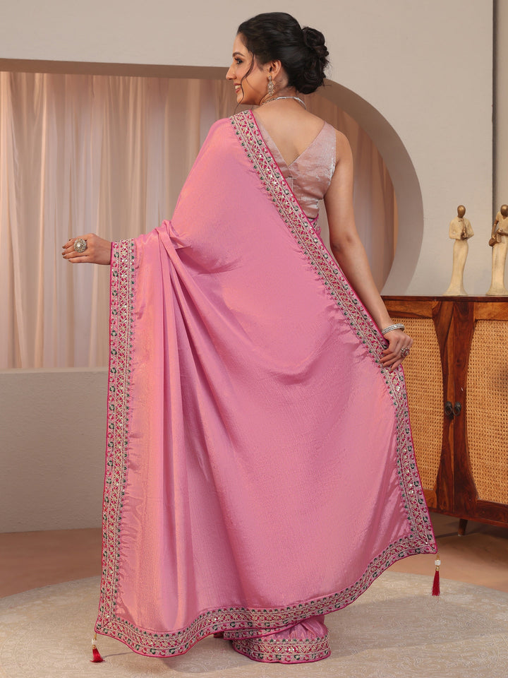 Bubblegum Pink Embroidered Border Chiffon Saree