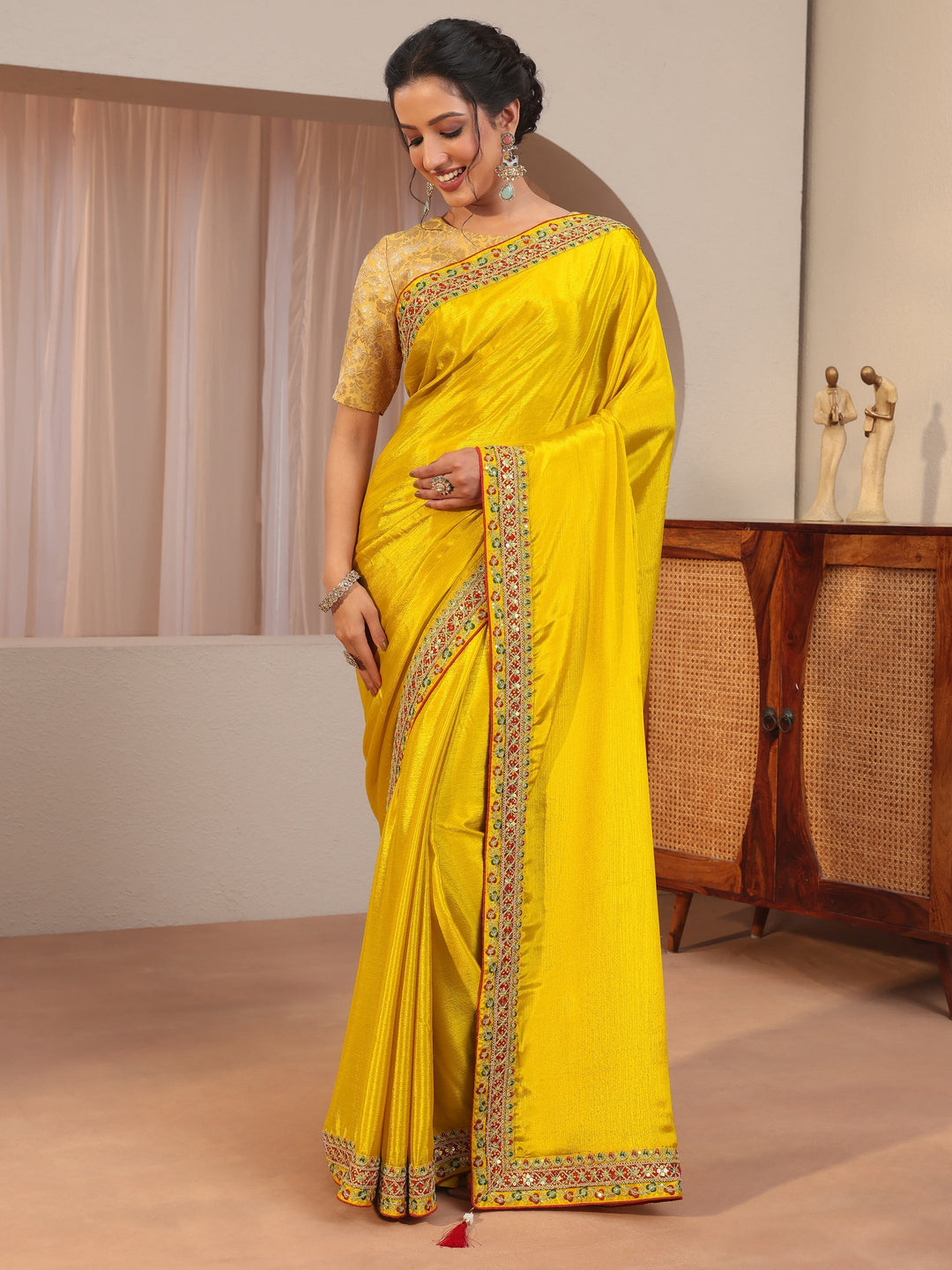 Mustard Embroidered Border Chiffon Saree