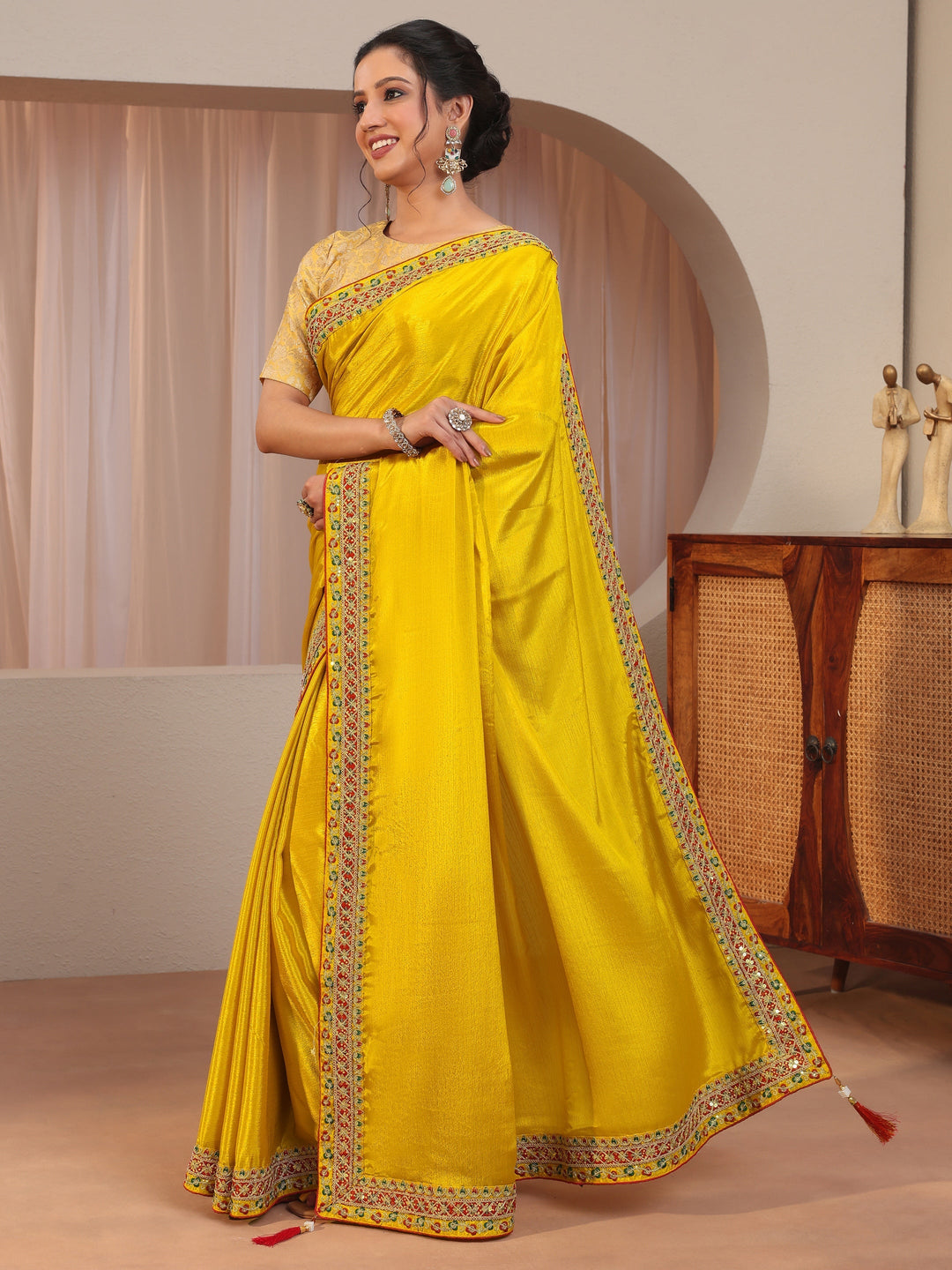 Mustard Embroidered Border Chiffon Saree