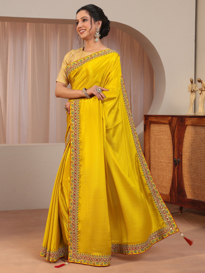 Mustard Embroidered Border Chiffon Saree