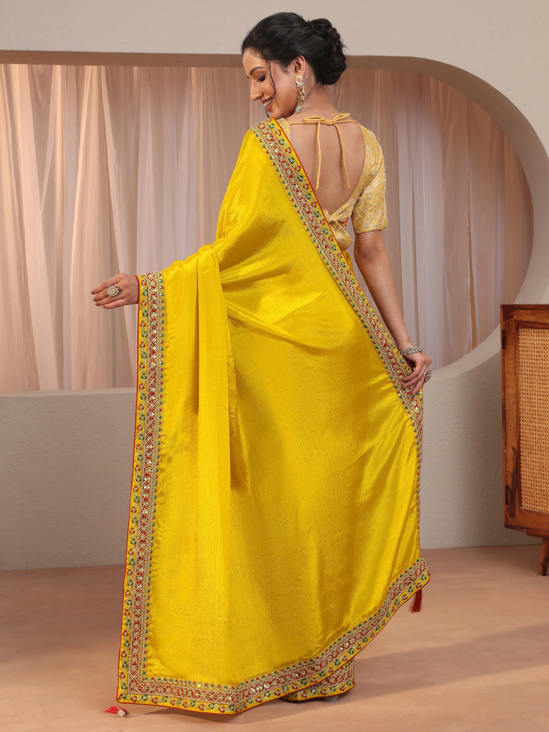 Mustard Embroidered Border Chiffon Saree