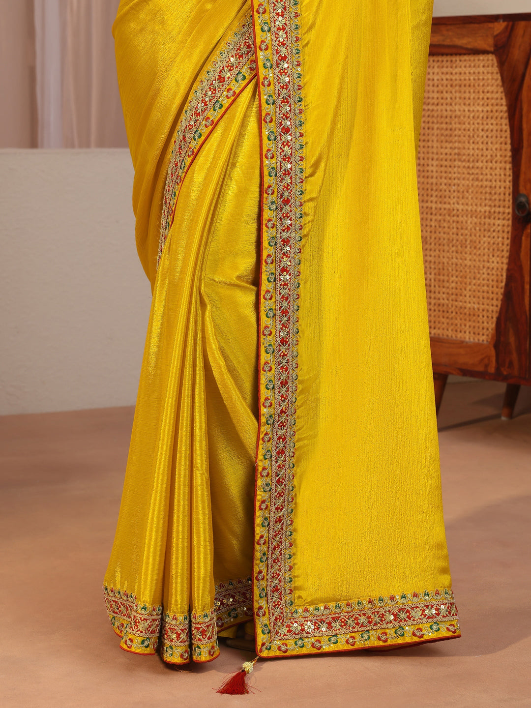 Mustard Embroidered Border Chiffon Saree