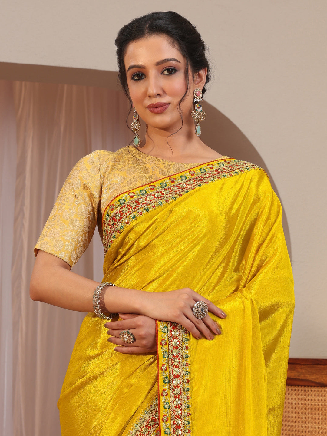 Mustard Embroidered Border Chiffon Saree