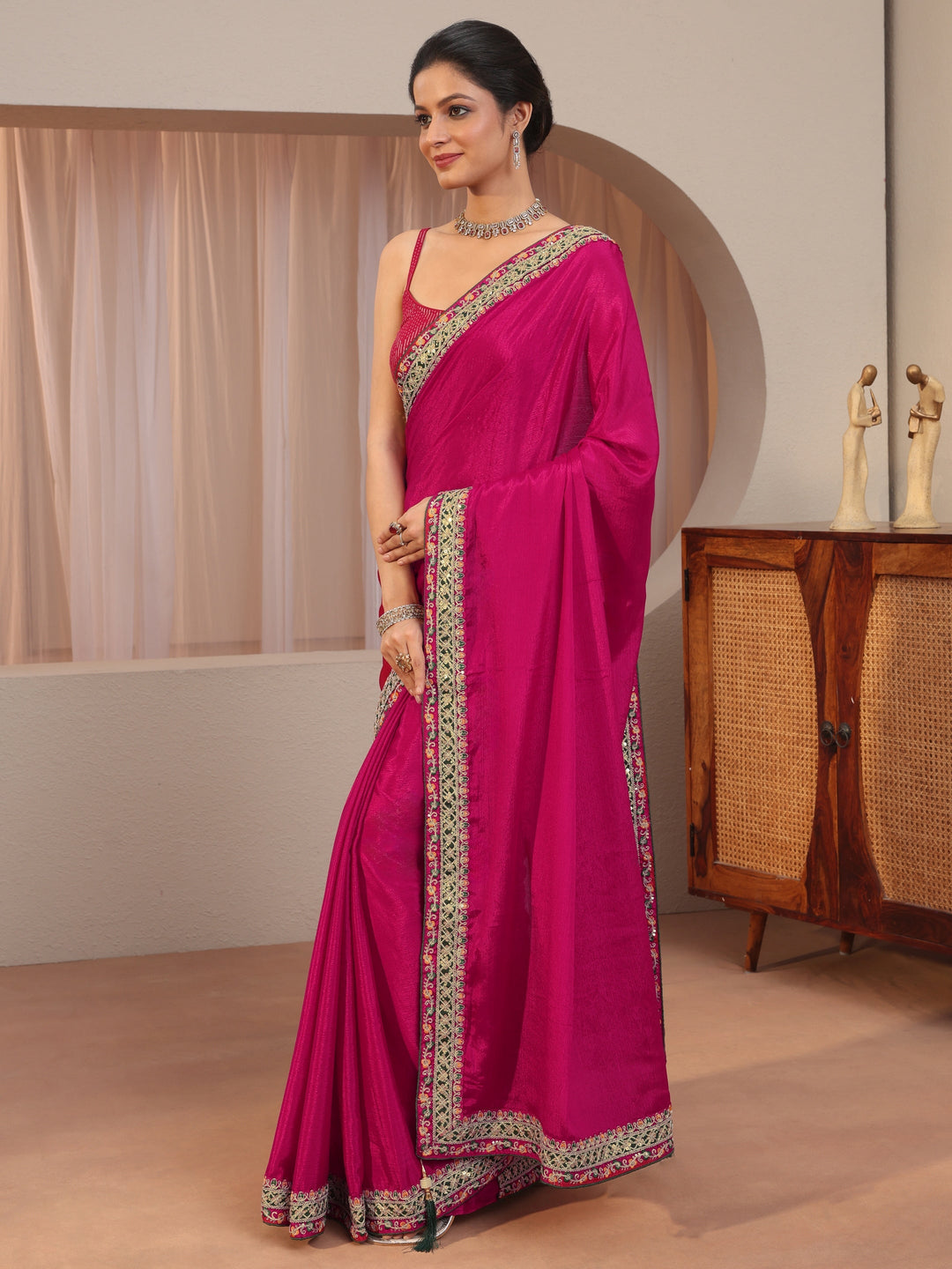 Pink Chiffon Saree With Embroidered Border