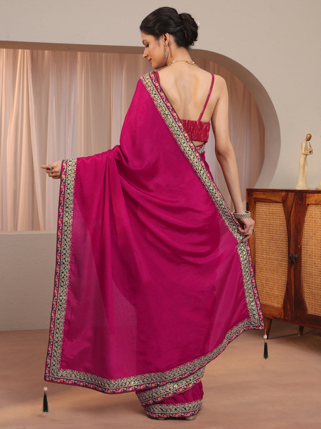Pink Chiffon Saree With Embroidered Border