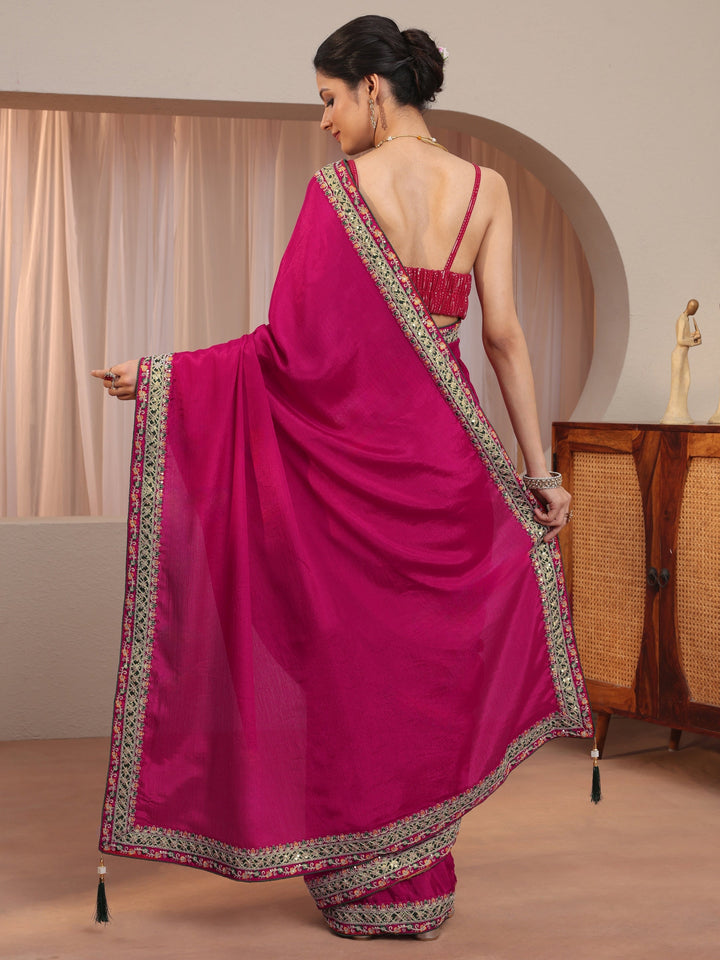 Pink Chiffon Saree With Embroidered Border