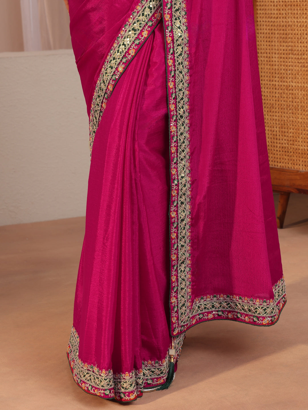 Pink Chiffon Saree With Embroidered Border