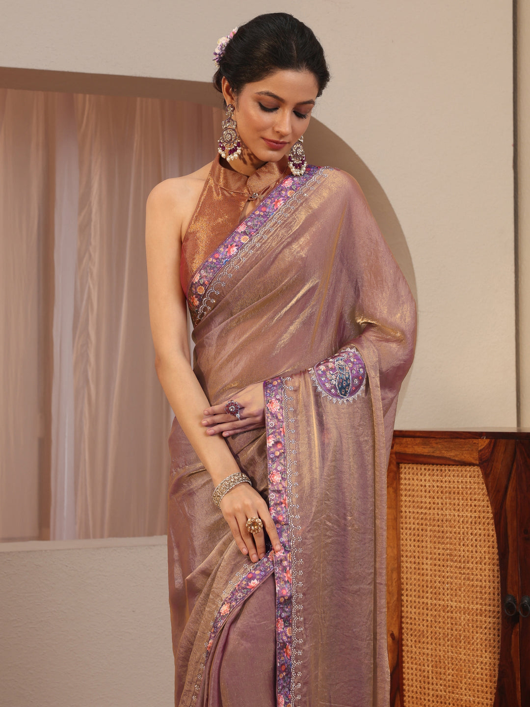 Golden Peacock Motifs Tissue Saree