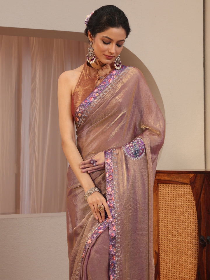 Golden Peacock Motifs Tissue Saree