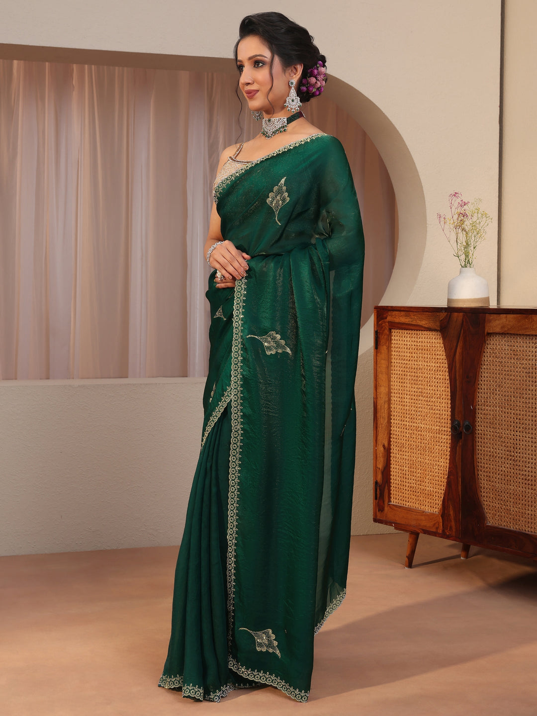 Emerald Green Tissue Saree With Embellished Leaf Motifs