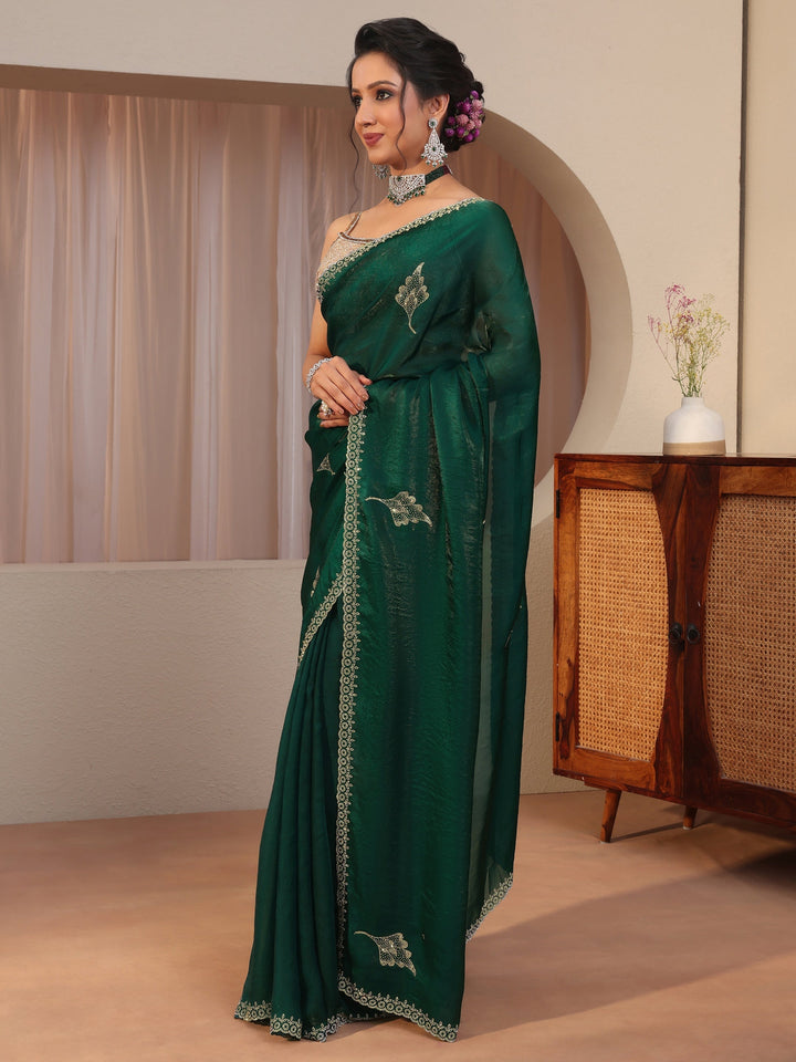 Emerald Green Tissue Saree With Embellished Leaf Motifs