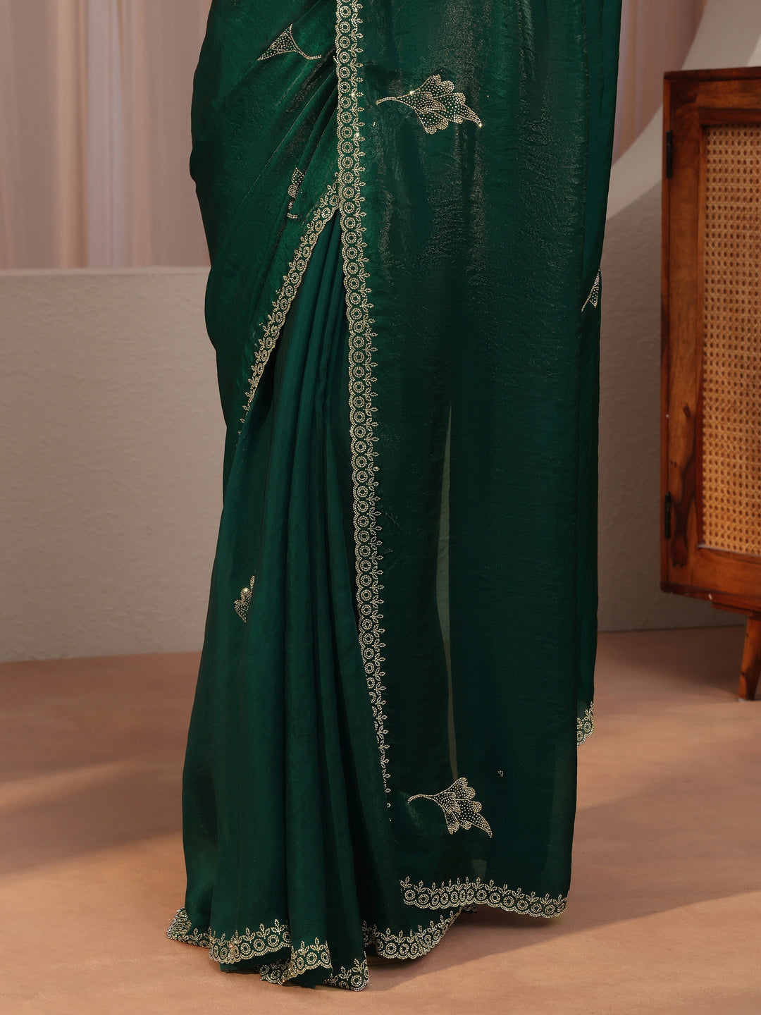 Emerald Green Tissue Saree With Embellished Leaf Motifs