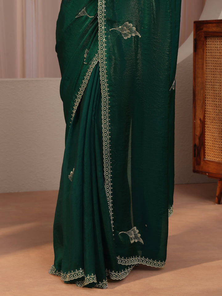 Emerald Green Tissue Saree With Embellished Leaf Motifs