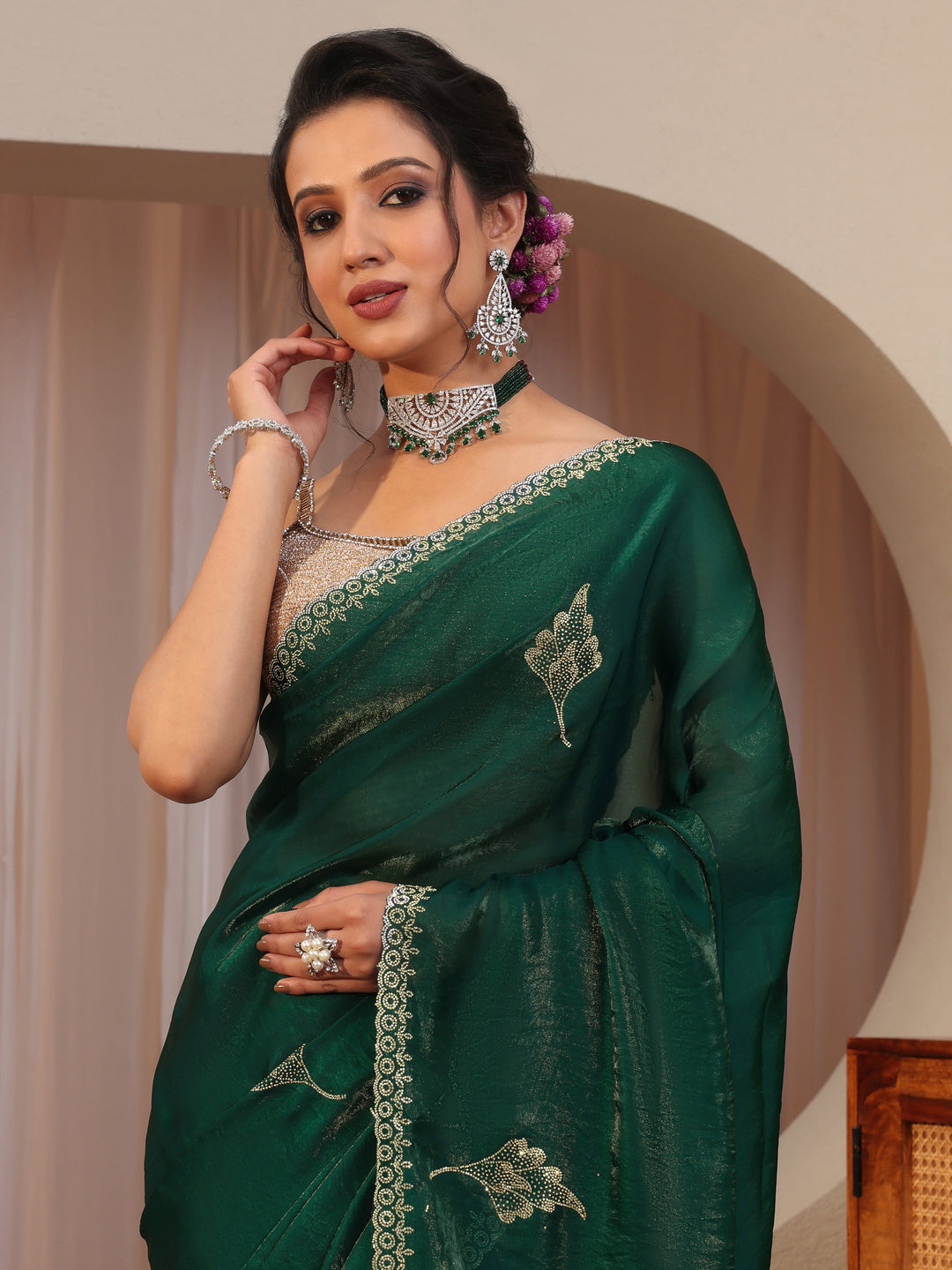 Emerald Green Tissue Saree With Embellished Leaf Motifs
