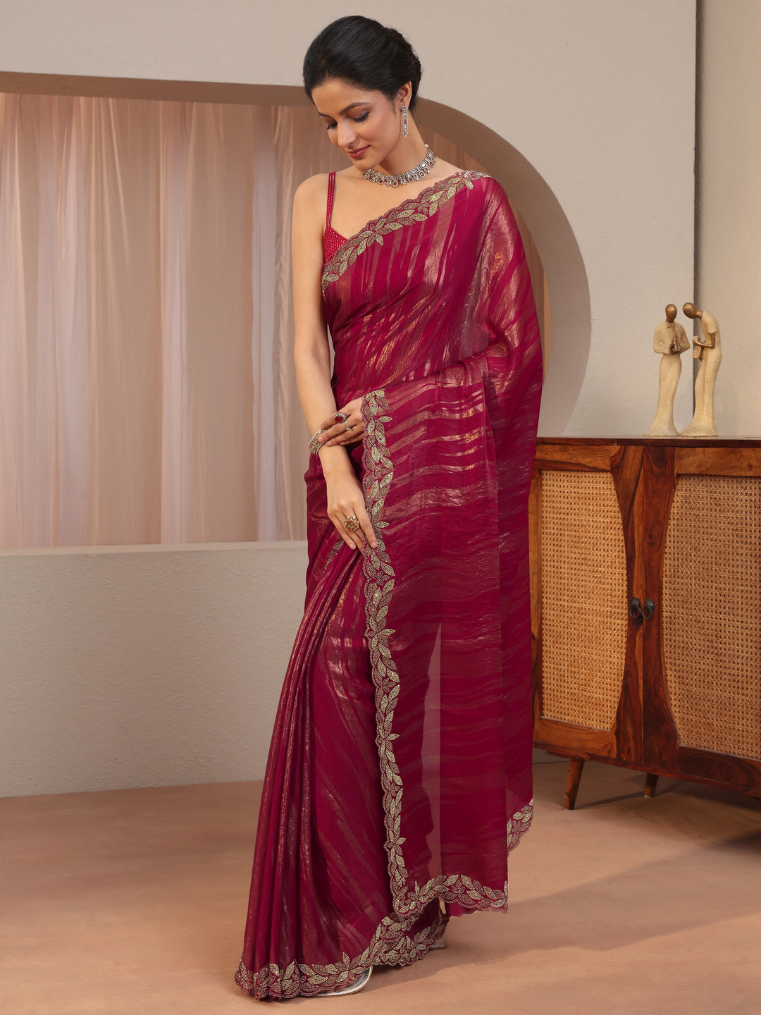 Pink And Golden Tissue Saree With Embellished Border