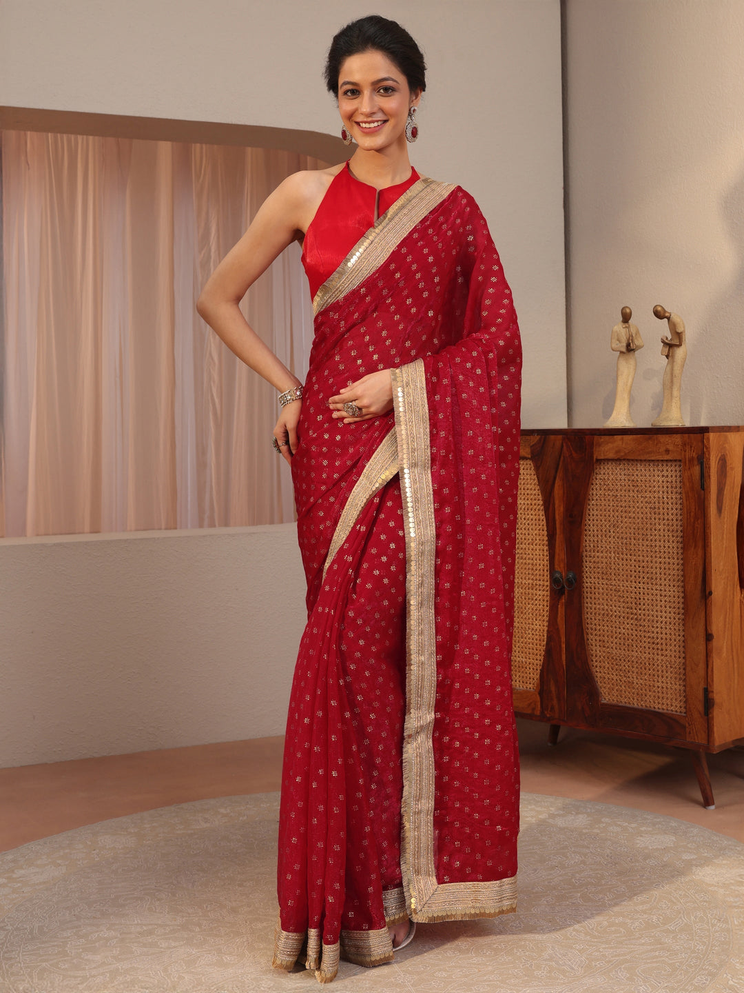 Carnelian Red Foil Printed Tissue Saree