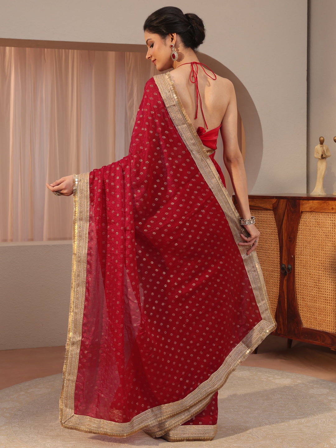 Carnelian Red Foil Printed Tissue Saree
