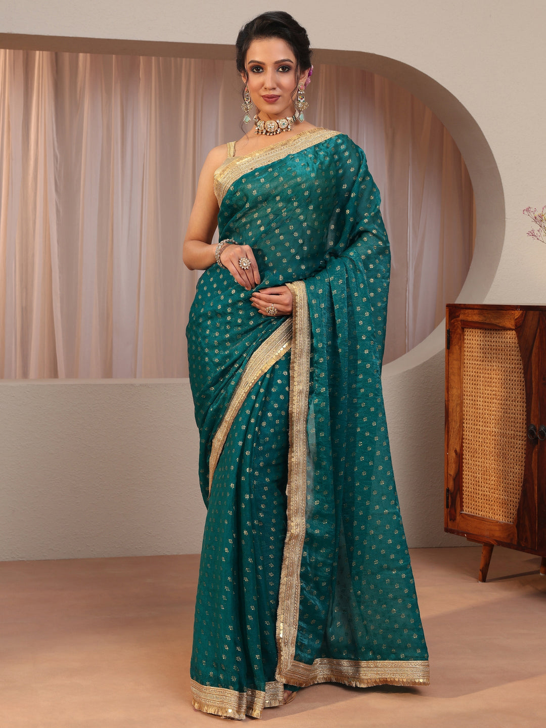 Pacific Blue Foil Printed Tissue Saree