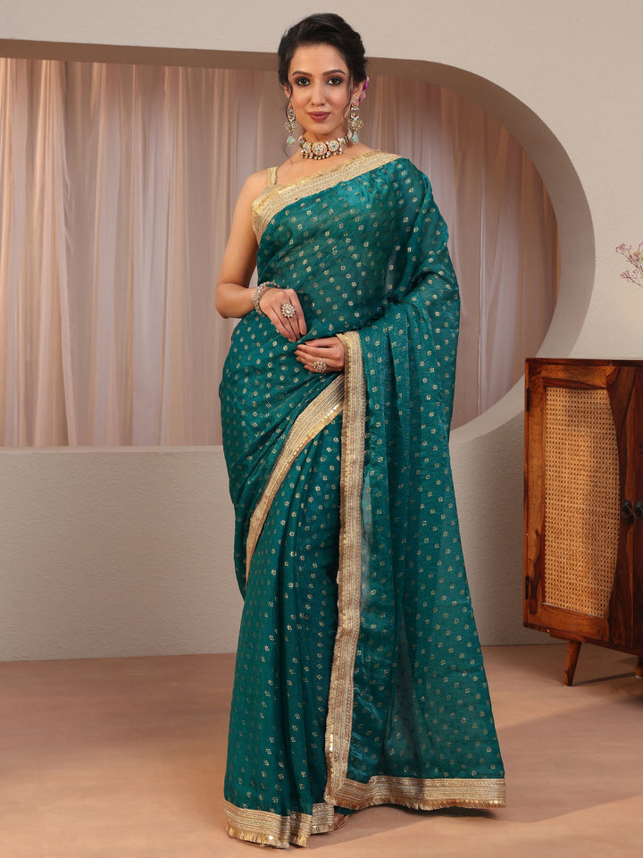 Pacific Blue Foil Printed Tissue Saree