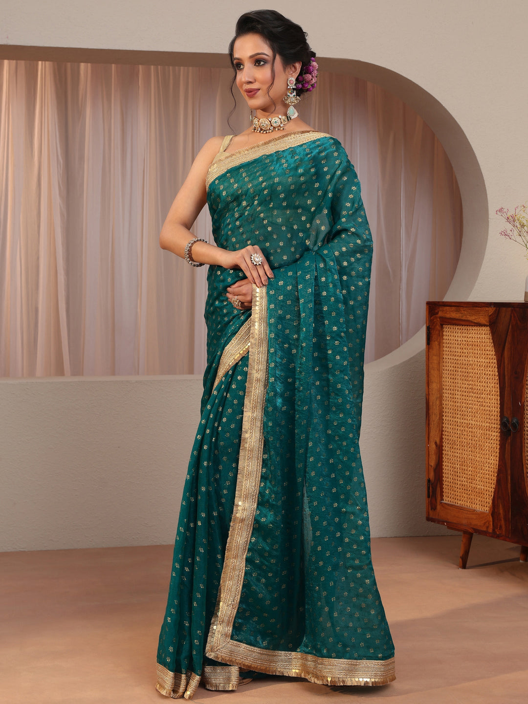 Pacific Blue Foil Printed Tissue Saree