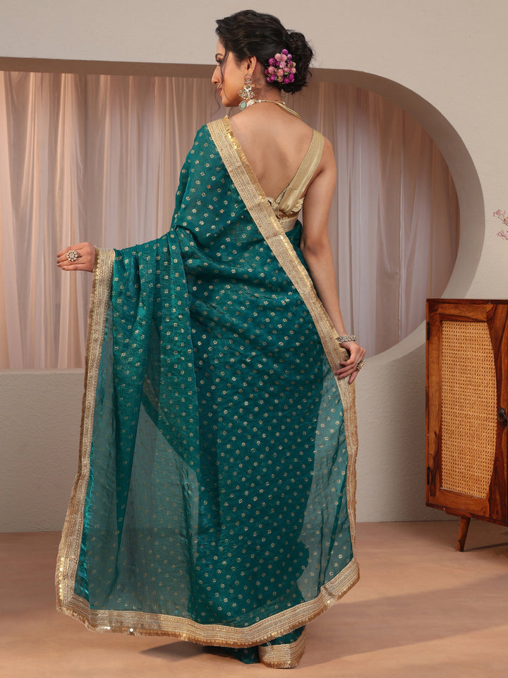 Pacific Blue Foil Printed Tissue Saree