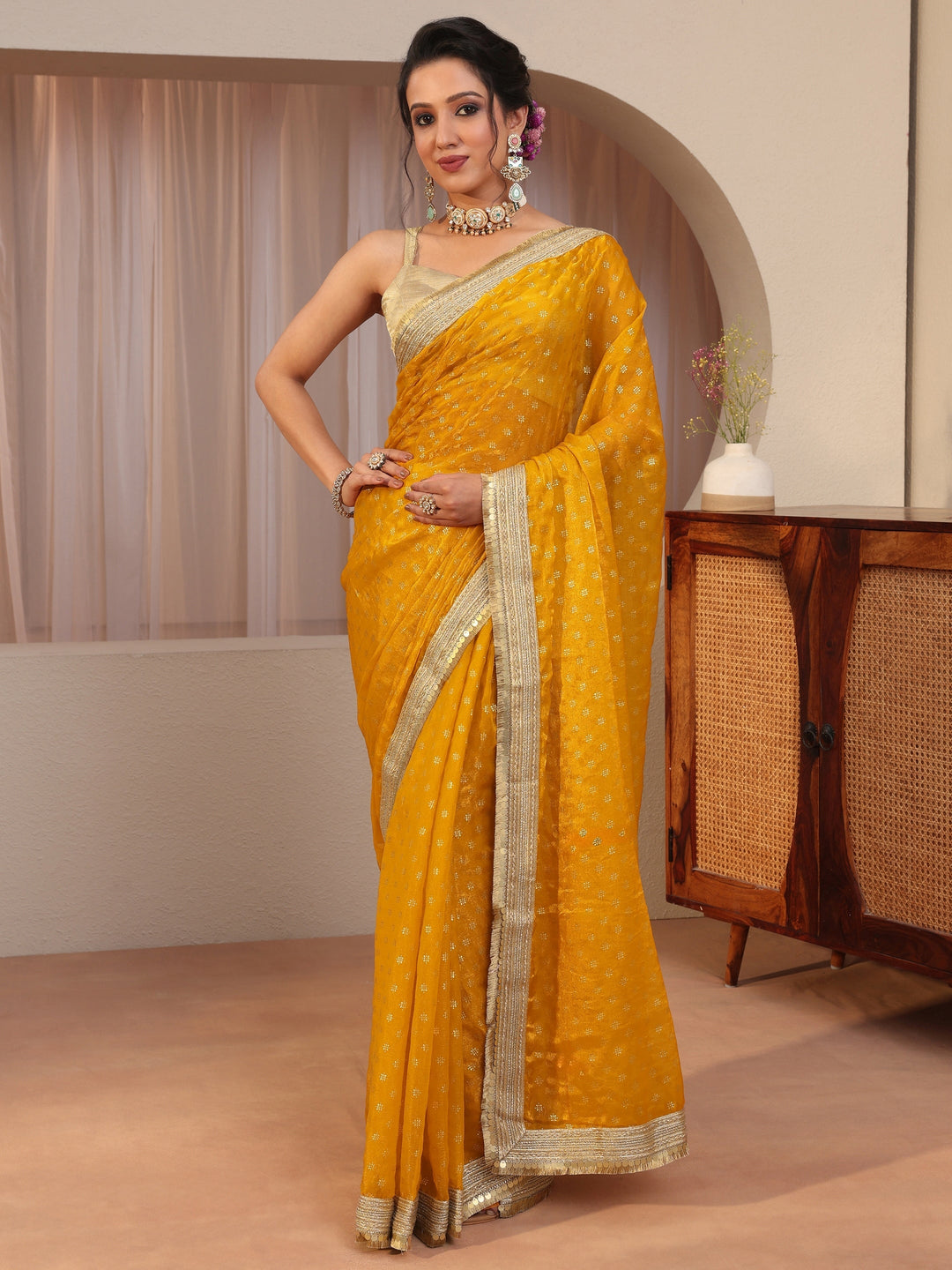 Mustard Foil Printed Tissue Saree
