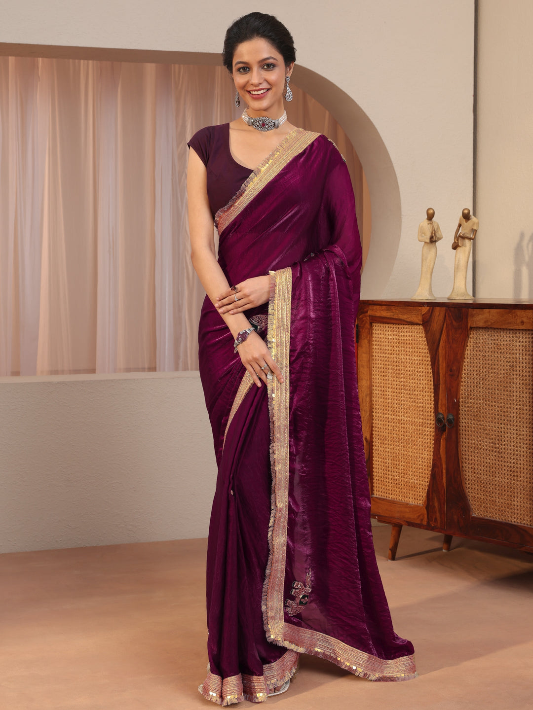 Burgundy Embellished Elephant Motif Tissue Saree
