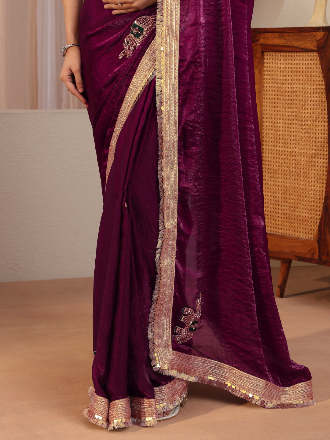 Burgundy Embellished Elephant Motif Tissue Saree