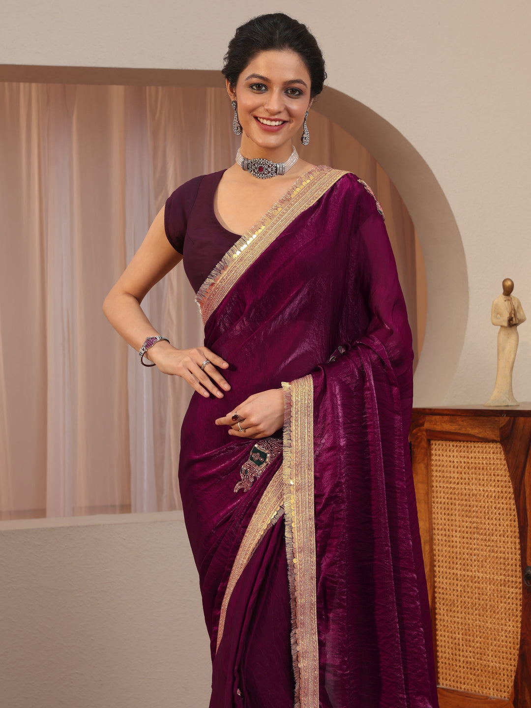 Burgundy Embellished Elephant Motif Tissue Saree