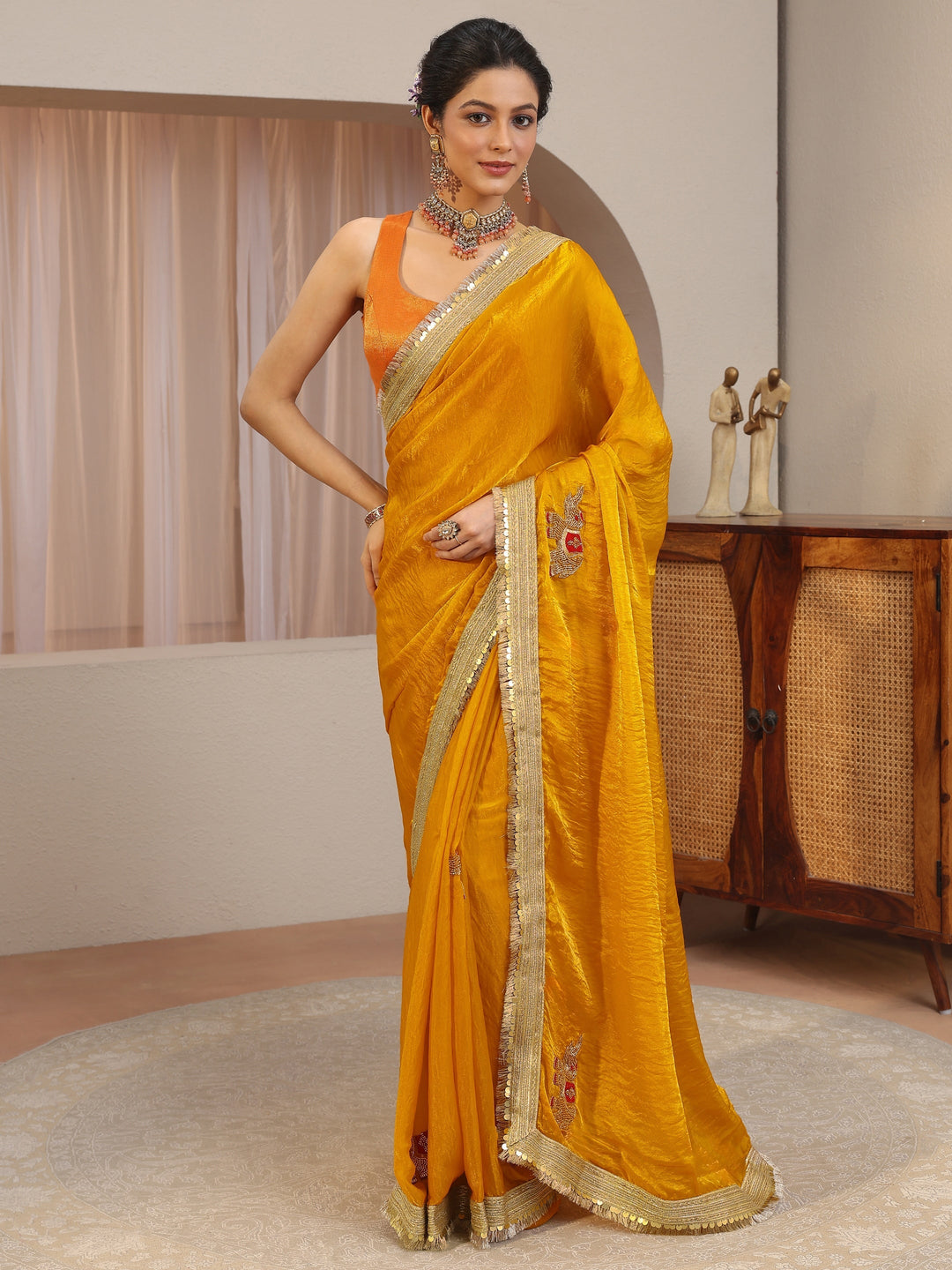 Mustard Embellished Elephant Motif Tissue Saree