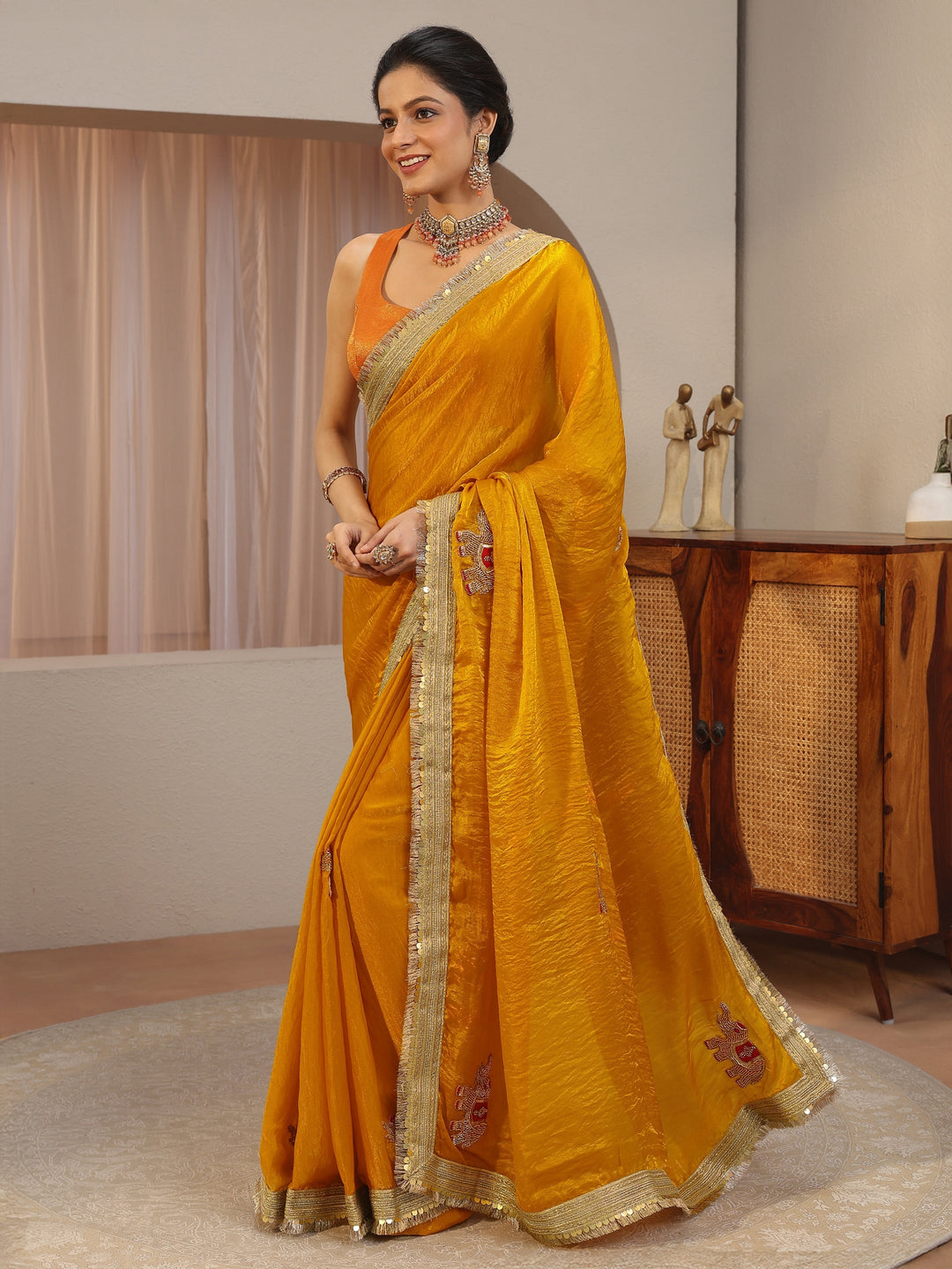 Mustard Embellished Elephant Motif Tissue Saree