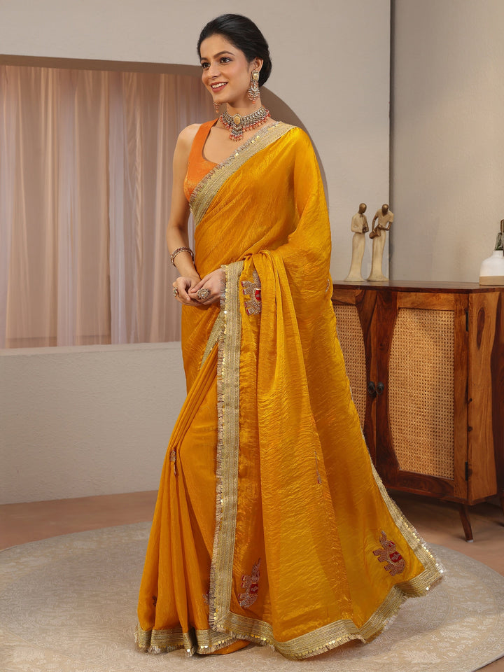 Mustard Embellished Elephant Motif Tissue Saree