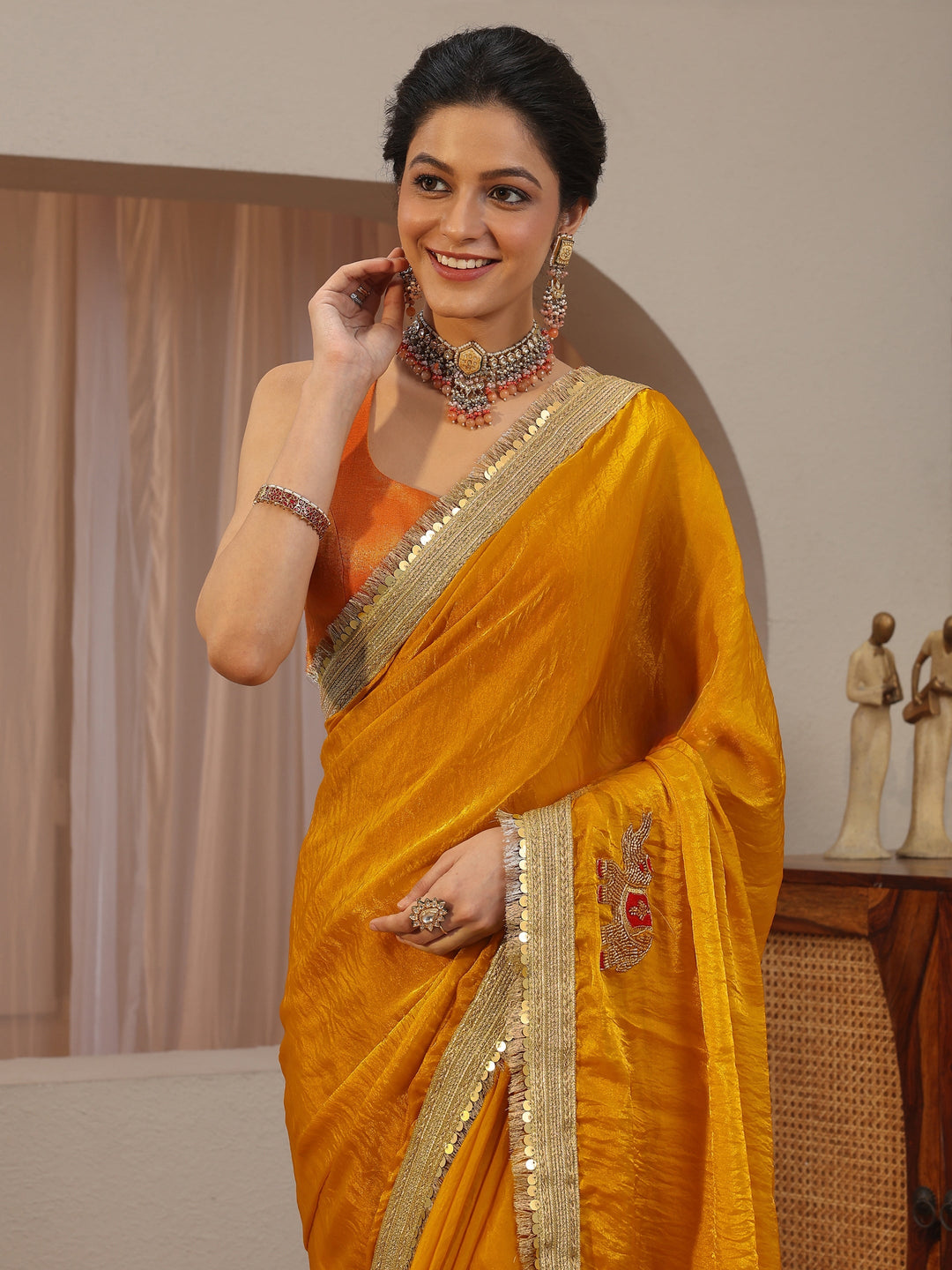 Mustard Embellished Elephant Motif Tissue Saree