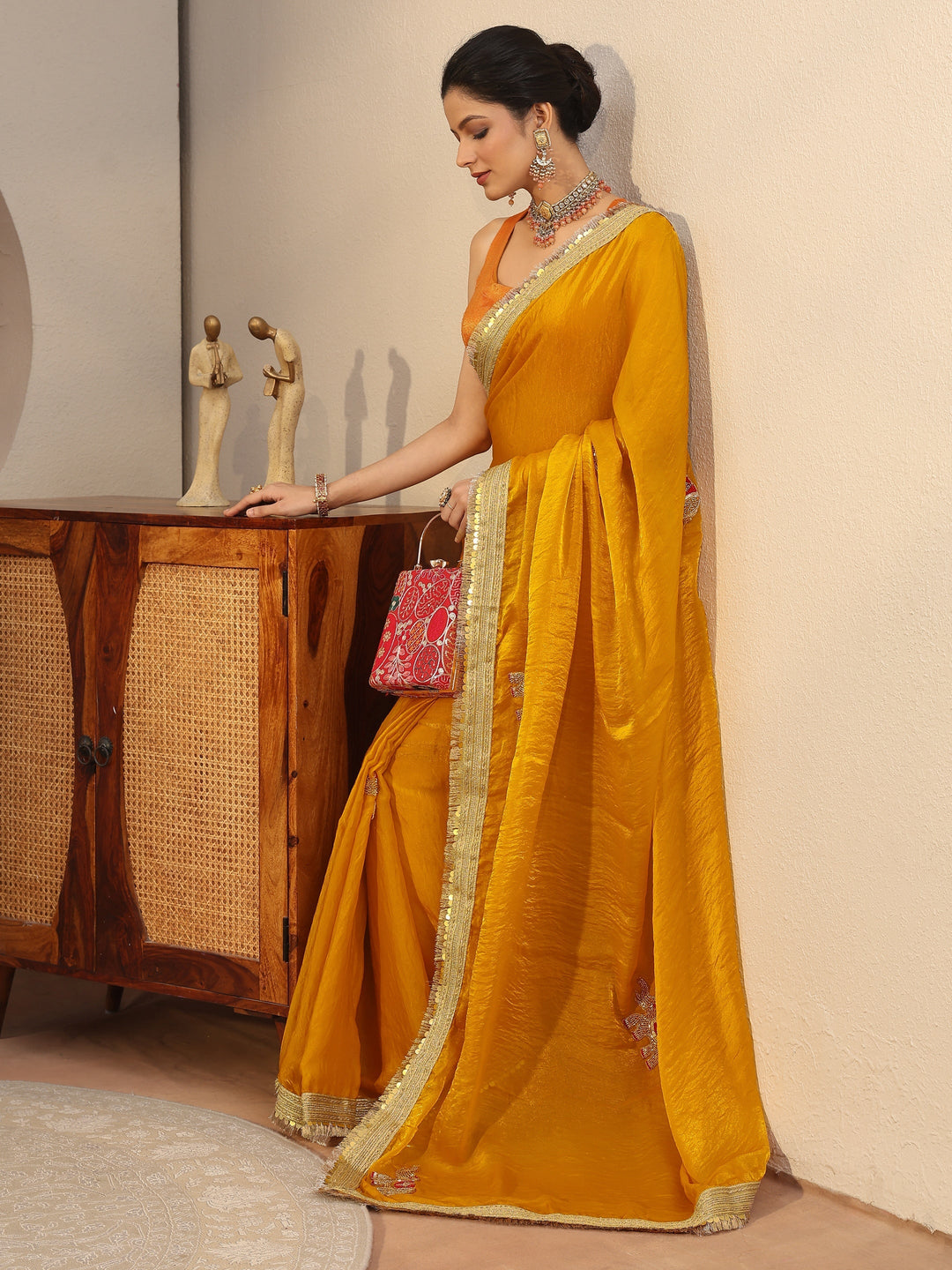 Mustard Embellished Elephant Motif Tissue Saree