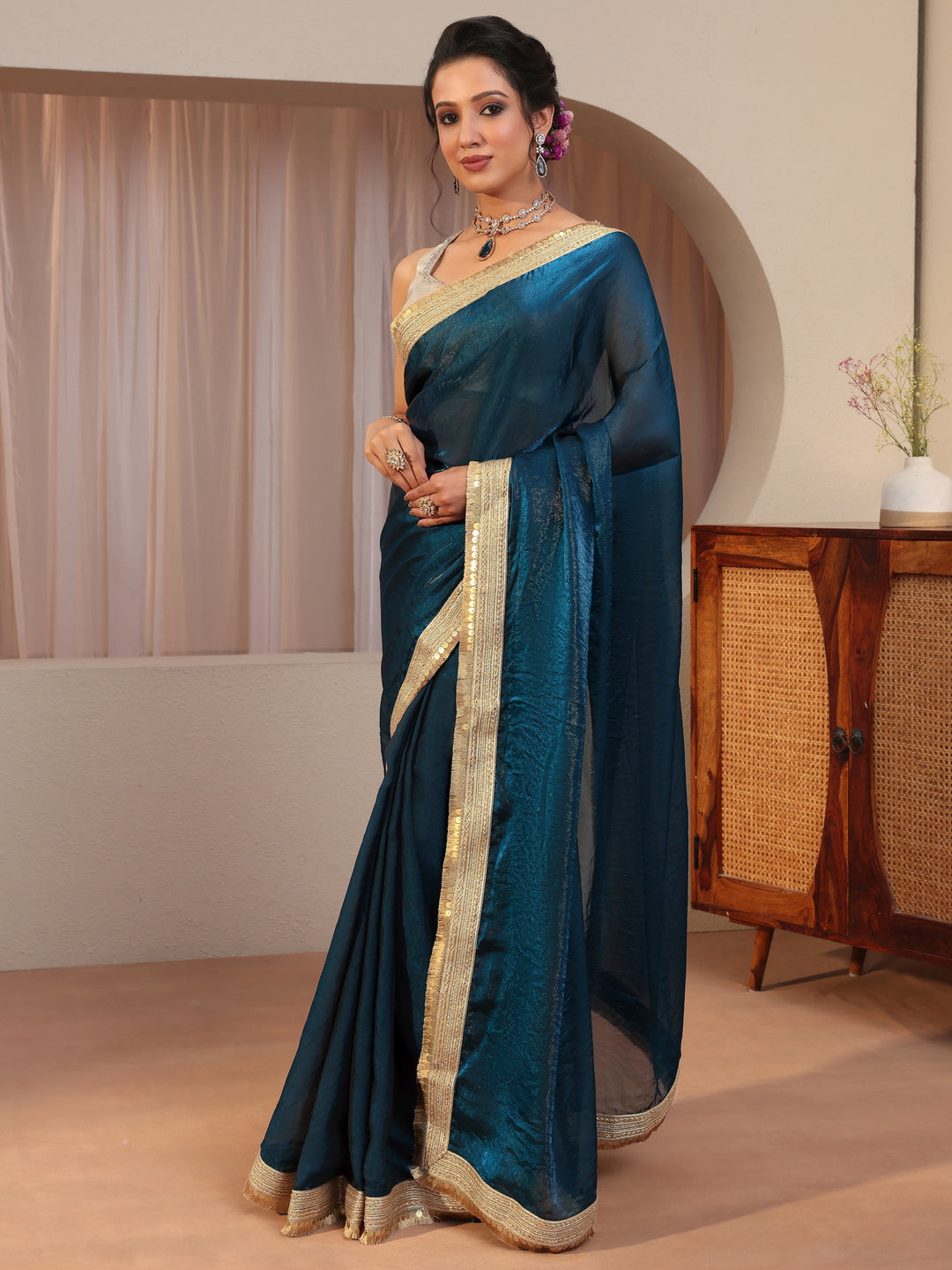 Prussian Blue Tissue Saree With Embellished Border