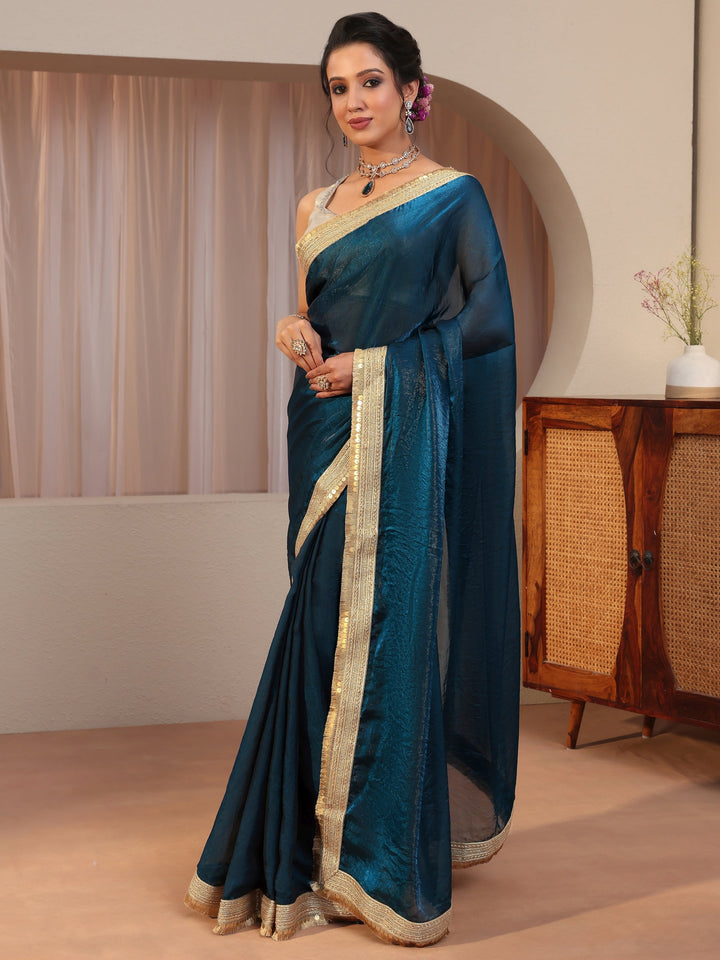 Prussian Blue Tissue Saree With Embellished Border