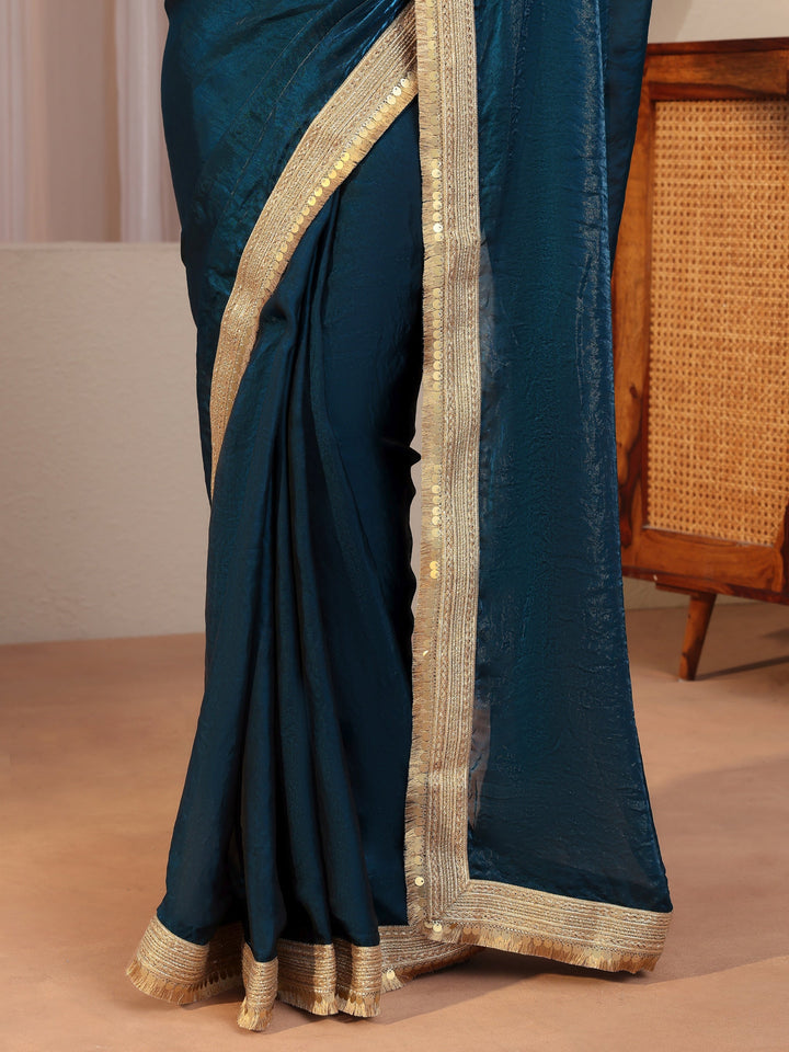 Prussian Blue Tissue Saree With Embellished Border