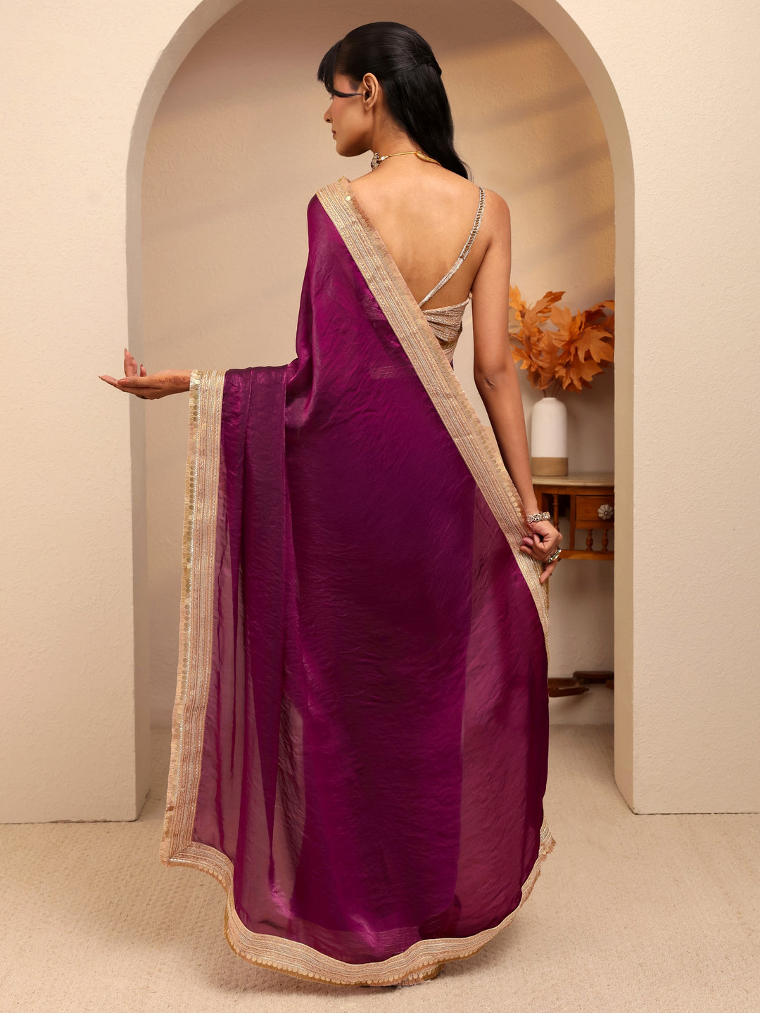 Libas Burgundy Solid Tissue Saree