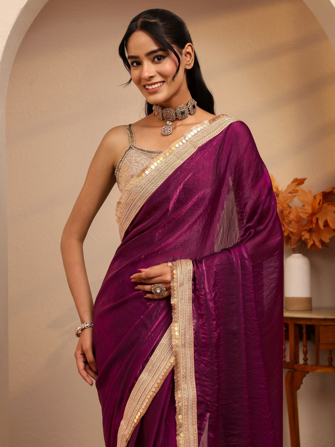 Libas Burgundy Solid Tissue Saree