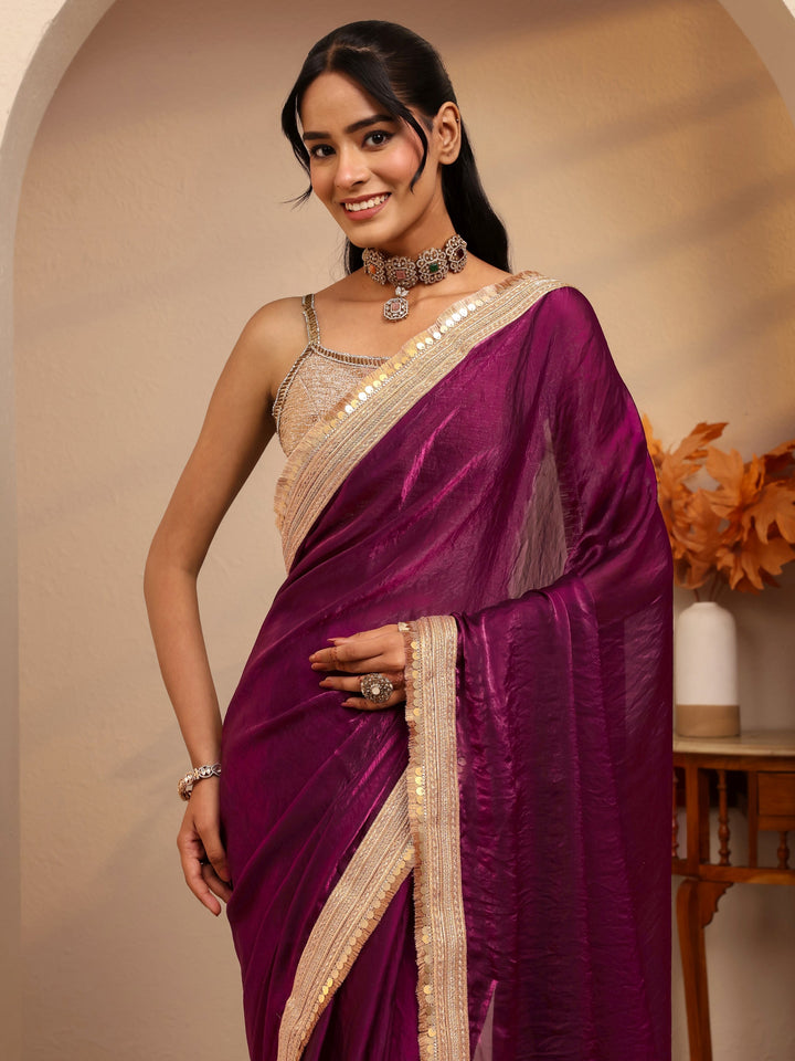 Libas Burgundy Solid Tissue Saree