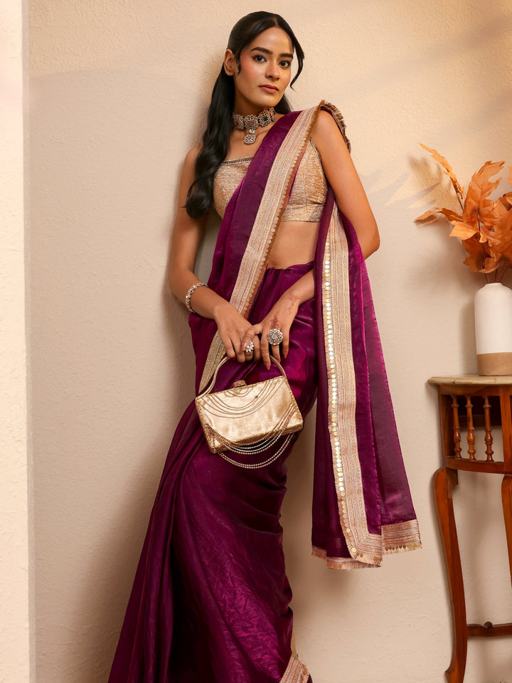 Libas Burgundy Solid Tissue Saree